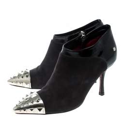 Cesare Paciotti Black Suede and Leather Studded Cap Toe Ankle Boots Size 35.5