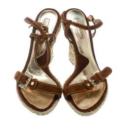 Pre Owned Cesare Paciotti Brown Suede Leather Ankle Strap Wedge Sandals Size 40