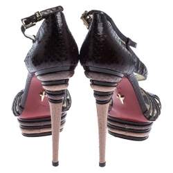 Cesare Paciotti Dark Brown Strappy Python Double Stacked Platform Sandals Size 38.5