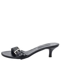 Cesare Paciotti Black Leather Crystal Embellished Buckle Detail Kitten Heel Mules Size 37