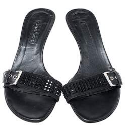 Cesare Paciotti Black Leather Crystal Embellished Buckle Detail Kitten Heel Mules Size 37