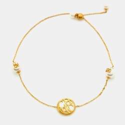 Pre Owned CH Carolina Herrera Mother of Pearl Faux Pearl Gold Tone Bracelet