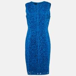 CH Carolina Herrera Blue Floral Pattern Lace Sheath Dress L
