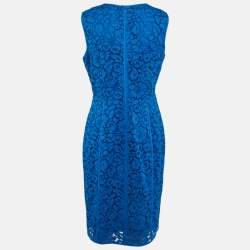 CH Carolina Herrera Blue Floral Pattern Lace Sheath Dress L