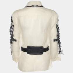 Pre Owned CH Carolina Herrera Off-White/Blue Tulle Embroidered Tops L