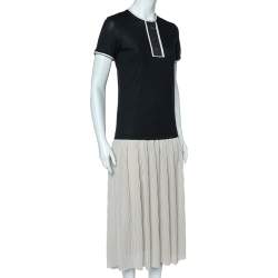 CH Carolina Herrera Black & Beige Cotton & Silk Plisse Detail Midi Dress XS