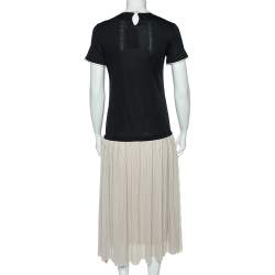 CH Carolina Herrera Black & Beige Cotton & Silk Plisse Detail Midi Dress XS
