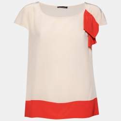 Pre Owned CH Carolina Herrera Cream Silk Bow Applique Cap Sleeves Top L