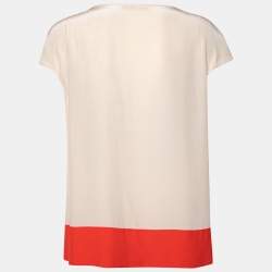 Pre Owned CH Carolina Herrera Cream Silk Bow Applique Cap Sleeves Top L