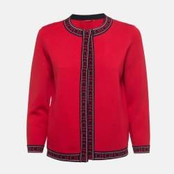 مملوكة مسبقًا CH Carolina Herrera Red Knit Logo Tape Detailed Open Front Cardigan M