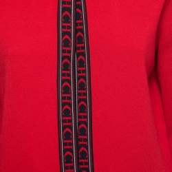 مملوكة مسبقًا CH Carolina Herrera Red Knit Logo Tape Detailed Open Front Cardigan M