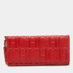 Pre Owned CH Carolina Herrera Red Monogram Embossed Leather Trifold Wallet