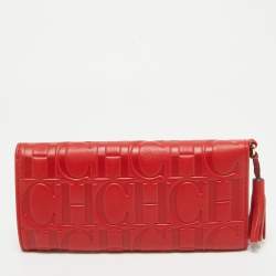 Pre Owned CH Carolina Herrera Red Monogram Embossed Leather Trifold Wallet