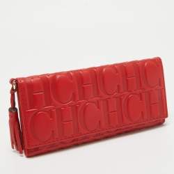 Pre Owned CH Carolina Herrera Red Monogram Embossed Leather Trifold Wallet
