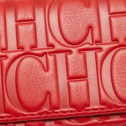 Pre Owned CH Carolina Herrera Red Monogram Embossed Leather Trifold Wallet