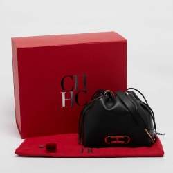 Pre Owned CH Carolina Herrera Black Leather Medium Initials Insignia Soft Bucket Bag 