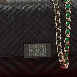 مملوكة مسبقًا CH Carolina Herrera Black/Green Chevron Leather Flap Top Handle Bag