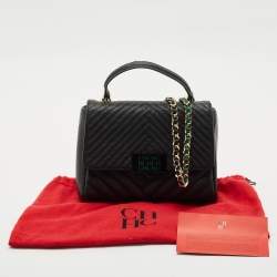 مملوكة مسبقًا CH Carolina Herrera Black/Green Chevron Leather Flap Top Handle Bag