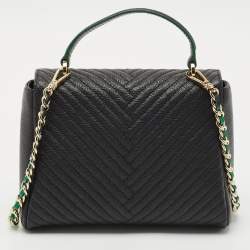 مملوكة مسبقًا CH Carolina Herrera Black/Green Chevron Leather Flap Top Handle Bag