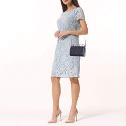 Pre Owned Carolina Herrera Navy Blue/Red Embossed Leather Insignia Flap Top Handle Bag