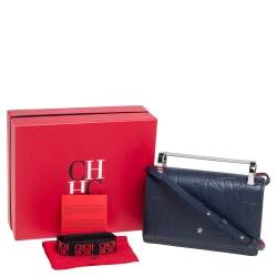 Pre Owned Carolina Herrera Navy Blue/Red Embossed Leather Insignia Flap Top Handle Bag
