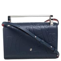 Pre Owned Carolina Herrera Navy Blue/Red Embossed Leather Insignia Flap Top Handle Bag