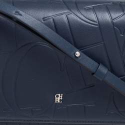 Pre Owned Carolina Herrera Navy Blue/Red Embossed Leather Insignia Flap Top Handle Bag