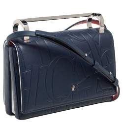 Pre Owned Carolina Herrera Navy Blue/Red Embossed Leather Insignia Flap Top Handle Bag