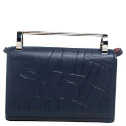 Pre Owned Carolina Herrera Navy Blue/Red Embossed Leather Insignia Flap Top Handle Bag