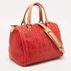 Pre Owned CH Carolina Herrera Red Monogram Leather Andy Boston Bag