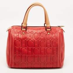 Pre Owned CH Carolina Herrera Red Monogram Leather Andy Boston Bag