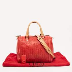 Pre Owned CH Carolina Herrera Red Monogram Leather Andy Boston Bag