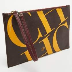 Pre Owned CH Carolina Herrera Brown/Yellow Monogram Coated Canvas Wristlet Clutch