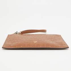 Pre Owned CH Carolina Herrera Brown Monogram Embossed Leather Wrsitlet Clutch