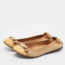 مملوكة مسبقًا CH Carolina Herrera Brown Leather and Patent Scrunch  Ballet Flats Size 37
