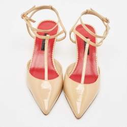 Pre Owned CH Carolina Herrera Beige Patent Leather Ankle Strap Pumps Size 38