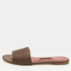 Pre Owned CH Carolina Herrera Size 38 Burgundy Monogram Embossed Leather Flat Slide Sandals