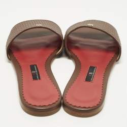 Pre Owned CH Carolina Herrera Size 38 Burgundy Monogram Embossed Leather Flat Slide Sandals