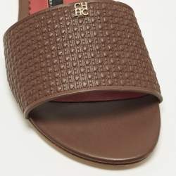 Pre Owned CH Carolina Herrera Size 38 Burgundy Monogram Embossed Leather Flat Slide Sandals