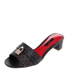 Pre Owned CH Carolina Herrera Brown Monogram Canvas And Leather Traveller Locked Slide Sandals Size 37