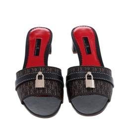 Pre Owned CH Carolina Herrera Brown Monogram Canvas And Leather Traveller Locked Slide Sandals Size 37