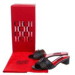 Pre Owned CH Carolina Herrera Brown Monogram Canvas And Leather Traveller Locked Slide Sandals Size 37