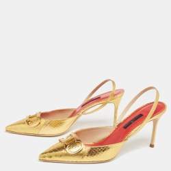 Pre Owned CH Carolina Herrera Metallic Gold Python Logo Embellished Slingback Sandals Size 41