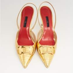 Pre Owned CH Carolina Herrera Metallic Gold Python Logo Embellished Slingback Sandals Size 41