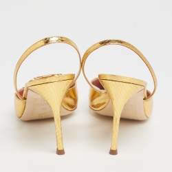 Pre Owned CH Carolina Herrera Metallic Gold Python Logo Embellished Slingback Sandals Size 41