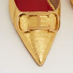 Pre Owned CH Carolina Herrera Metallic Gold Python Logo Embellished Slingback Sandals Size 41