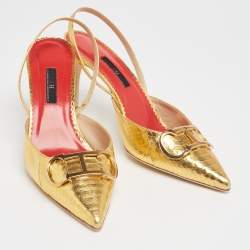 Pre Owned CH Carolina Herrera Metallic Gold Python Logo Embellished Slingback Sandals Size 41