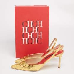 Pre Owned CH Carolina Herrera Metallic Gold Python Logo Embellished Slingback Sandals Size 41