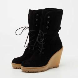 Pre Owned CH Carolina Herrera Black Suede Mid Calf Wedge Boots Size 38