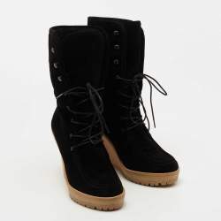 Pre Owned CH Carolina Herrera Black Suede Mid Calf Wedge Boots Size 38